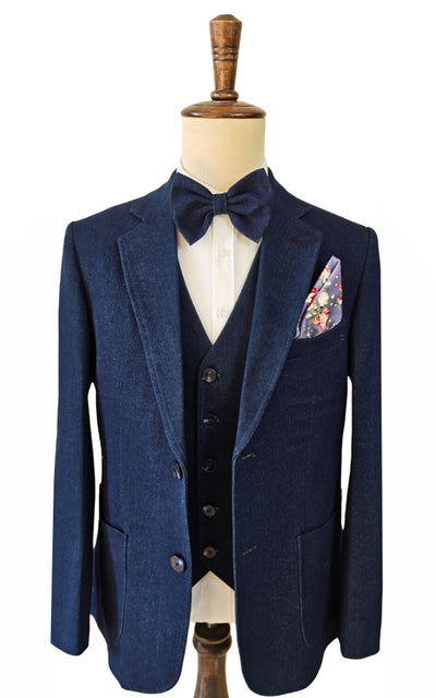 深蓝色牛仔三件套西装
