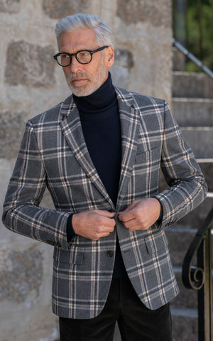 Grey Windowpane Tweed & Black Corduroy 2 Piece Suit