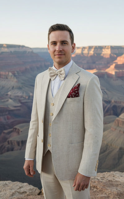 BEIGE HERRINGBONE COTTON LINEN 3 PIECE SUIT