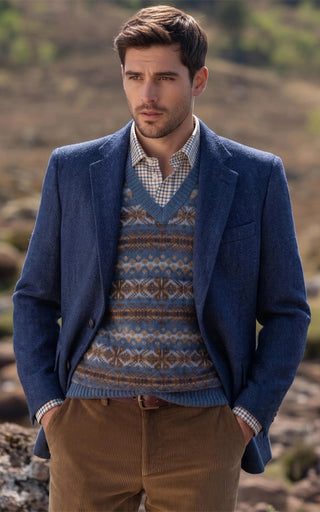 Navy Herringbone Tweed & Brown Corduroy 2 Piece Suit
