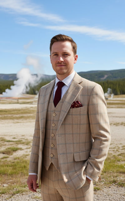 BEIGE HERRINGBONE PLAID 3 PIECE SUIT