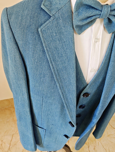 灰蓝色牛仔三件套西装