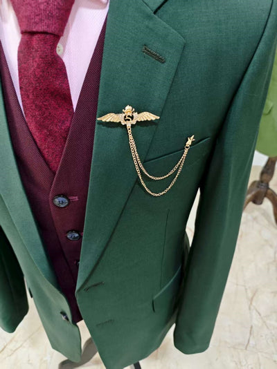 经典款深绿色混搭酒红色精纺三件套西装