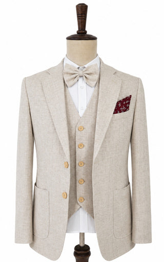 Beige Herringbone Cotton Linen 3 Piece Suit
