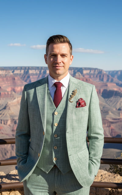 LIGHT GREEN HERRINGBONE COTTON LINEN 3 PIECE SUIT