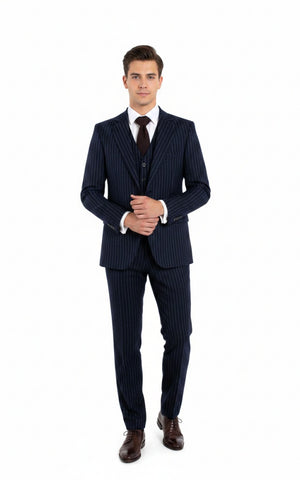 NAVY PINSTRIPE TWEED 3 PIECE SUIT