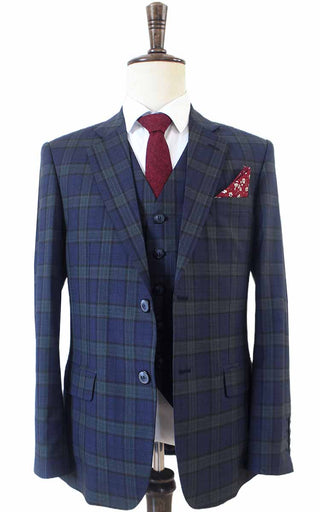 海军绿格子精纺三件套西装