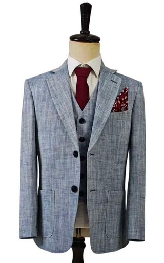 LIGHT BLUE HERRINGBONE COTTON LINEN 3 PIECE SUIT - BDtailormade