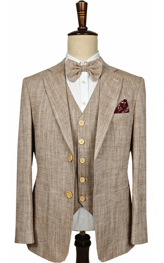 Light Brown Herringbone Cotton Linen 3 Piece Suit