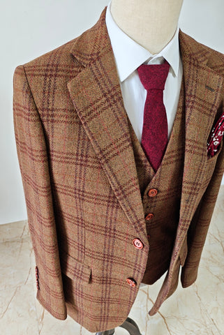 BROWN RED PLAID 3 PIECE SUIT - BDtailormade