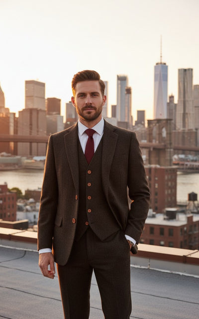 DARK BROWN HERRINGBONE TWEED 3 PIECE SUIT