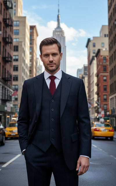 DARK BLUE PINSTRIPE WORSTED 3 PIECE SUIT