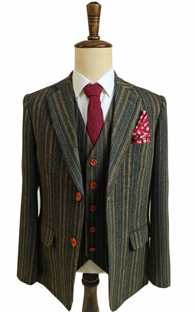 BROWN BLUE PINSTRIPE TWEED 3 PIECE SUIT - BDtailormade