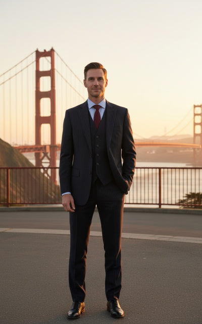 BLACK PINSTRIPE WORSTED 3 PIECE SUIT