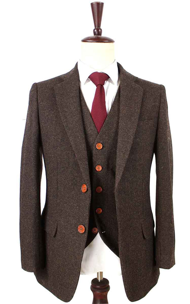 BDtailormade DARK BROWN HERRINGBONE TWEED 3 PIECE SUIT - BDtailormade TWEED SUITStweedmaker hockerty menstweedsuit