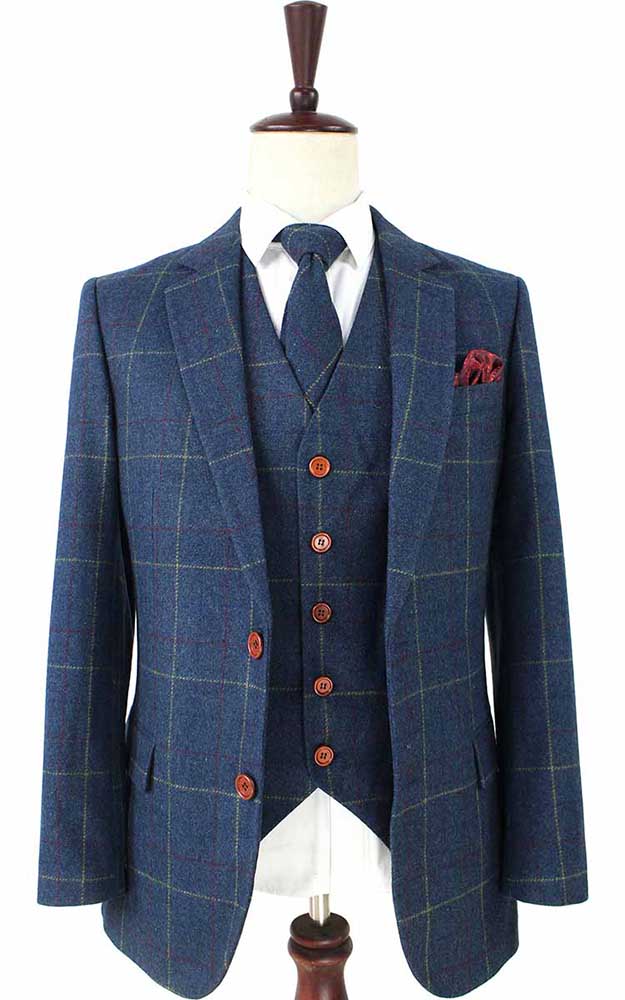 BDtailormade BLUE OVERCHECK PLAID TWEED 3 PIECE SUIT - BDtailormade TWEED SUITStweedmaker hockerty menstweedsuit