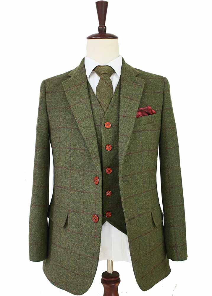 BDtailormade OLIVE GREEN PLAID TWEED 3 PIECE SUIT - BDtailormade TWEED SUITStweedmaker hockerty menstweedsuit